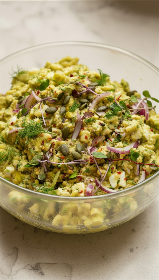 Crunchy Avocado Egg Salad with Toasted Seeds in a glass bowl