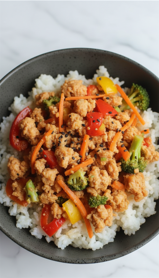 Asian Ground Chicken in black bowl with rice
