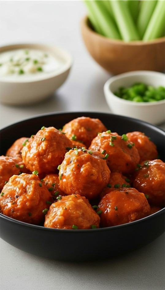 Buffalo Ground Chicken Meatballs in black bowl