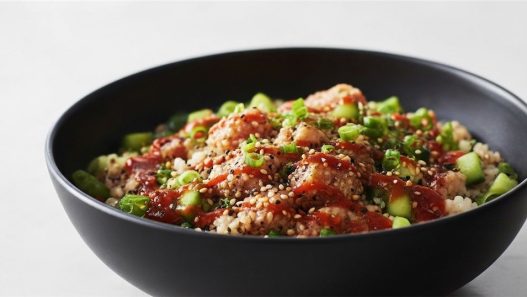 close up canned salmon poke bowl
