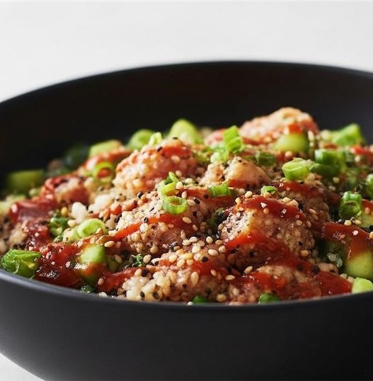 close up canned salmon poke bowl