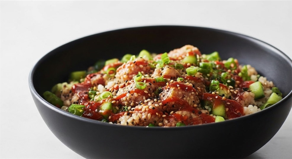 close up canned salmon poke bowl