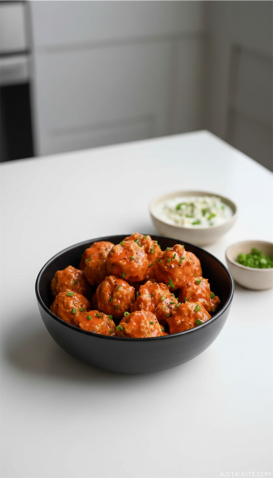 Buffalo Ground Chicken Meatballs on white kitchen island 