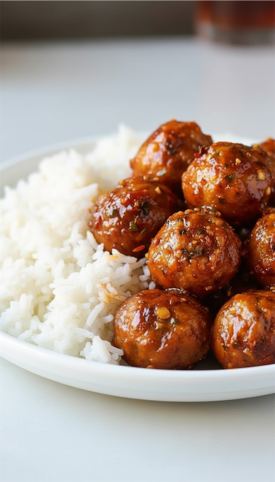 Orange Ground Chicken Meatballs served with rice on white plate