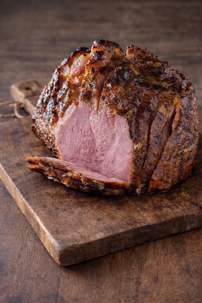 Citrus Bourbon Maple Glazed Ham on wooden board