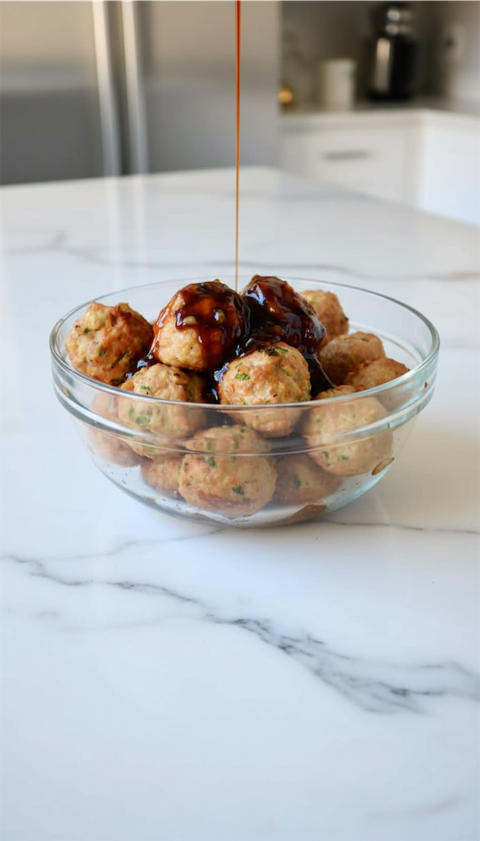 chicken meatballs in a glass bowl with a orange glaze 