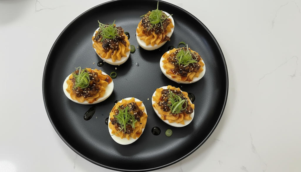Gochujang, Chili Crisp & Crunchy Shallot Deviled Eggs