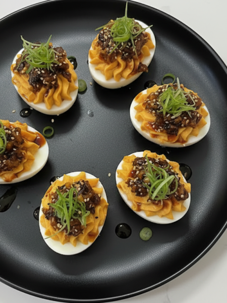 Gochujang, Chili Crisp & Crunchy Shallot Deviled Eggs