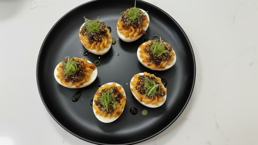 Gochujang, Chili Crisp & Crunchy Shallot Deviled Eggs