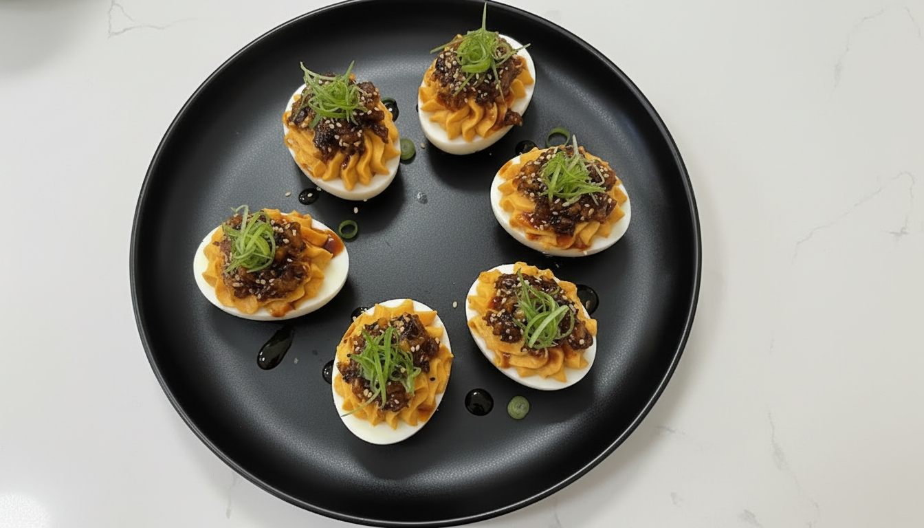 Gochujang, Chili Crisp & Crunchy Shallot Deviled Eggs