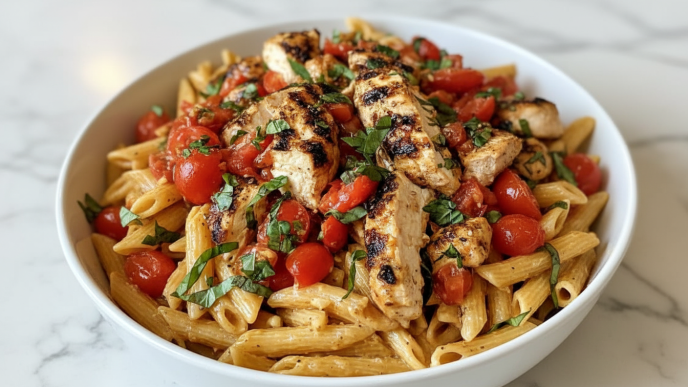 High Protein One Pot Creamy Bruschetta Chicken Pasta