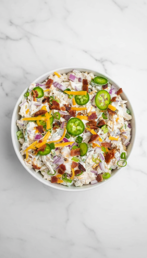 Jalapeño Popper Chicken Salad in white bowl