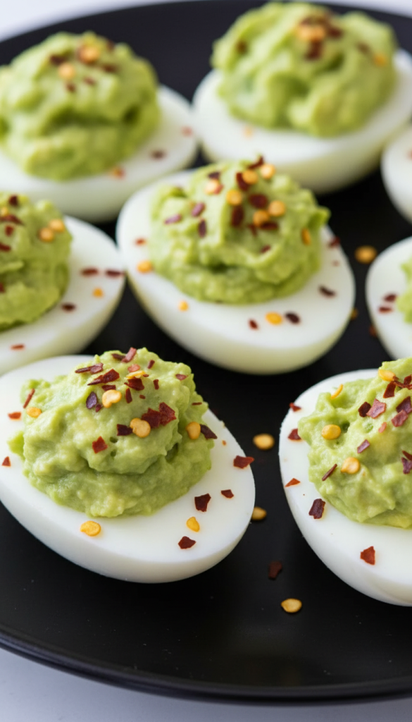 Avocado Deviled Eggs topped with chili flakes