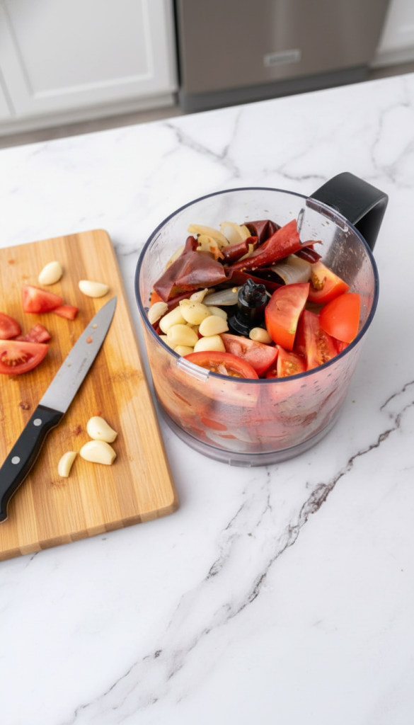 veg in blended on white marble counter