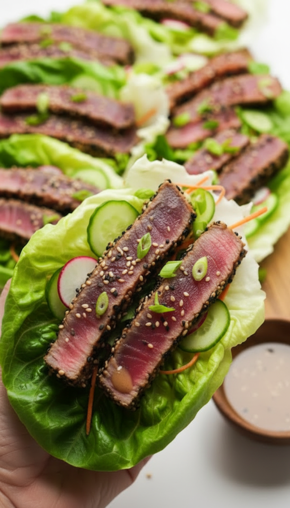 Ahi Tuna Lettuce Wrap being held