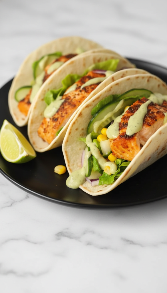 Salmon Bites Tacos on black plate