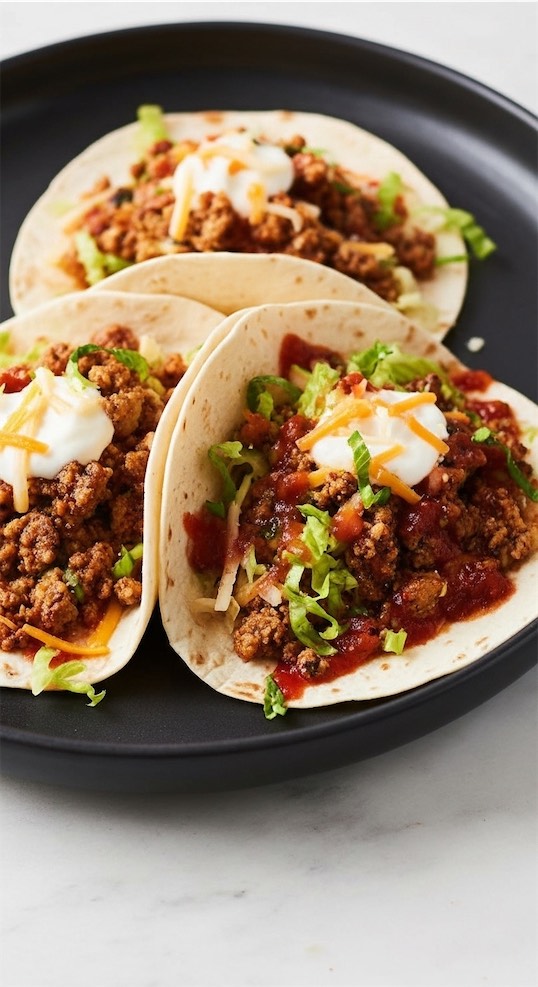 ground chicken tacos on black plate