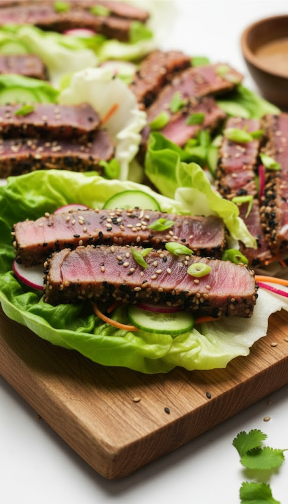Ahi Tuna Lettuce Wraps on wooden board