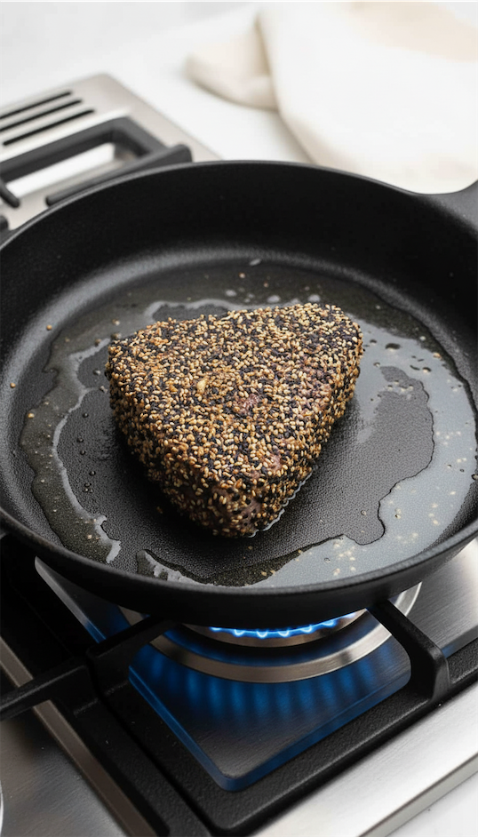Ahi Tuna being seared in pan