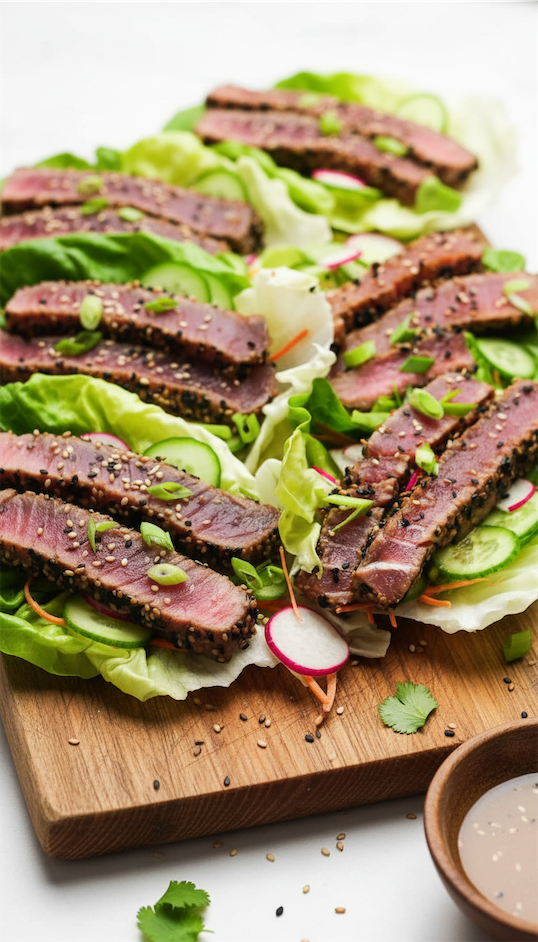 Ahi Tuna Lettuce Wrap on wooden board