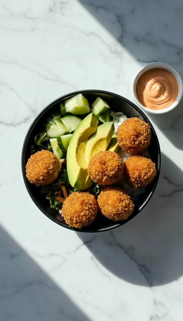 Crispy Canned Tuna Poke Bowl in black bowl