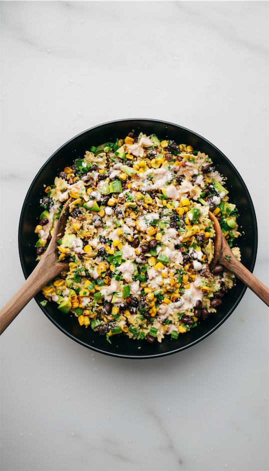 Mexican Street Corn Pasta in black bowl