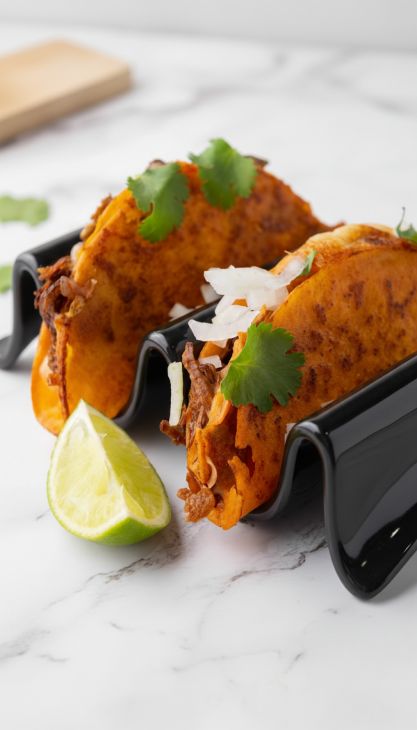 Quesabirria Mexican Tacos with Consommé in black holder