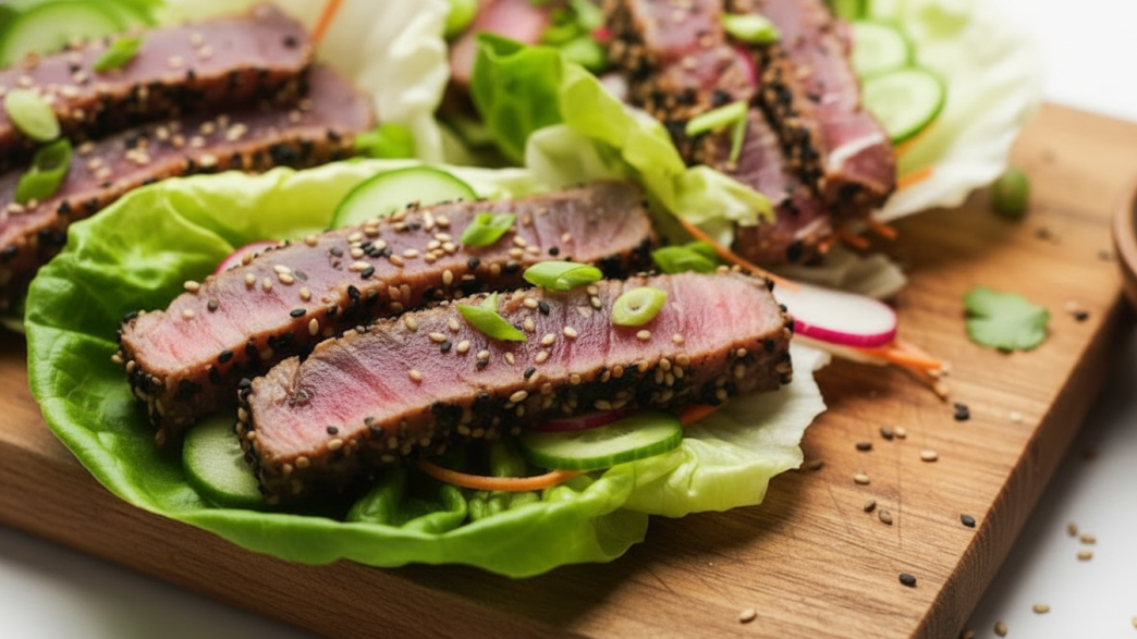 tuna steak in lettuce wrap