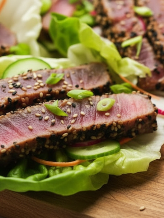 tuna steak in lettuce wrap