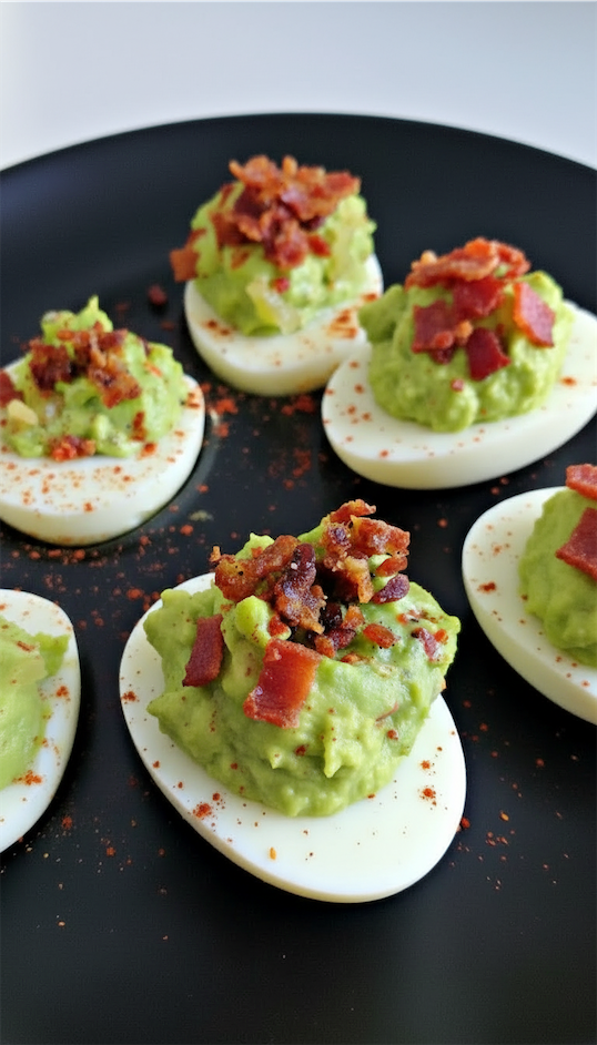 Avocado Deviled Eggs With Wasabi topped with bacon
