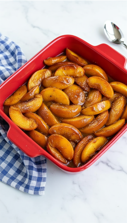 peaches baked in red dish
