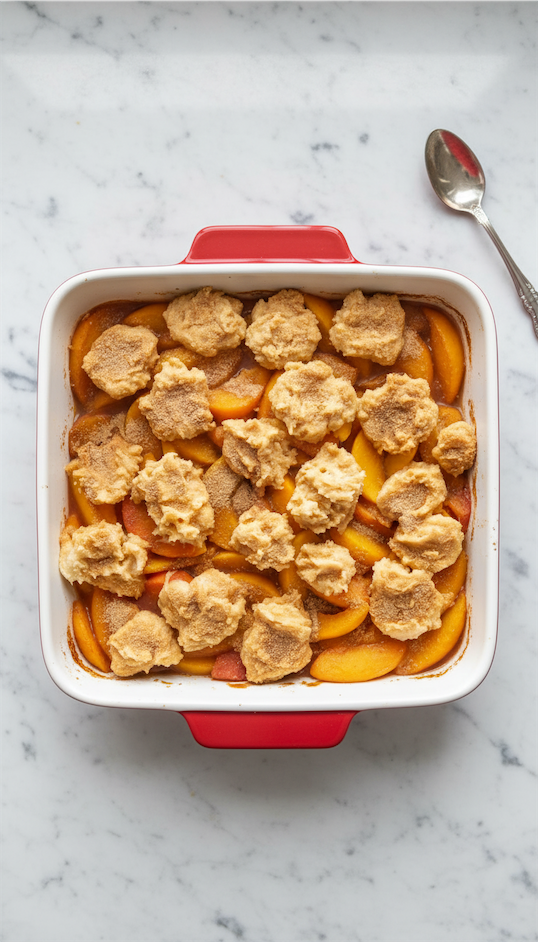 dough mixture on top of peaches