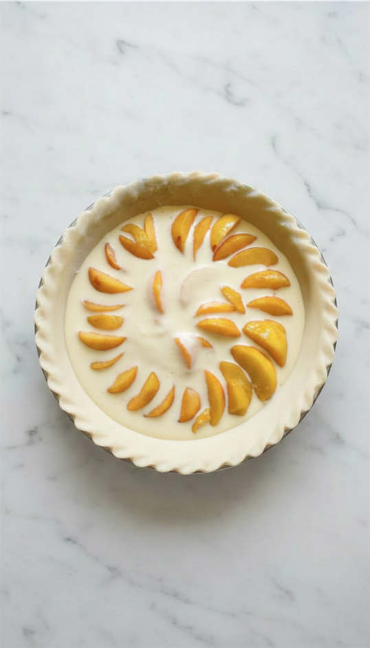 uncooked pie with custard and peaches