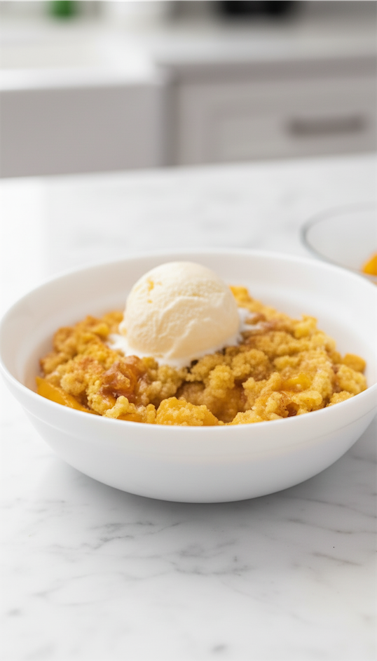Peach Dump Cake with ice cream topping