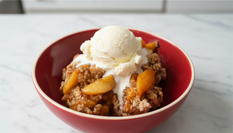 Peach Cobbler With Oatmeal Topping served with ice cream