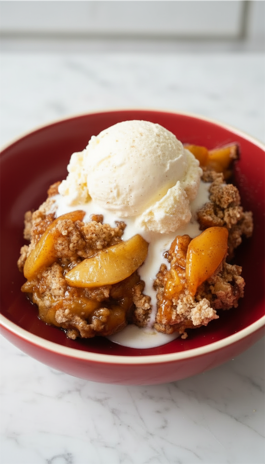 Peach Cobbler With Oatmeal Topping and ice cream