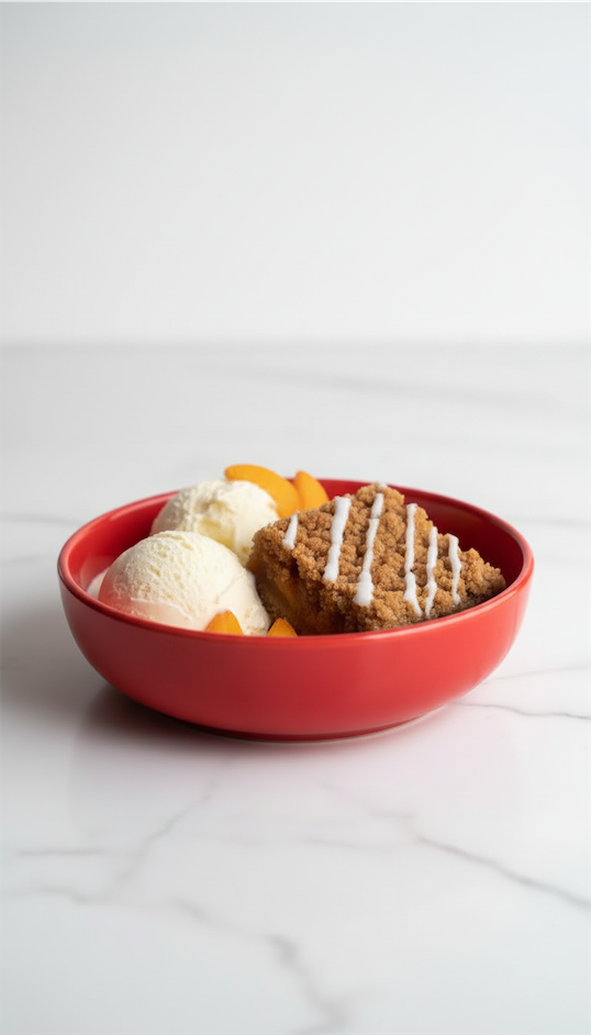 Peach Cobbler Bar in a red bowl with ice cream