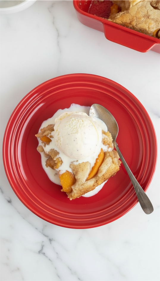 Bisquick Peach Cobbler with ice cream
