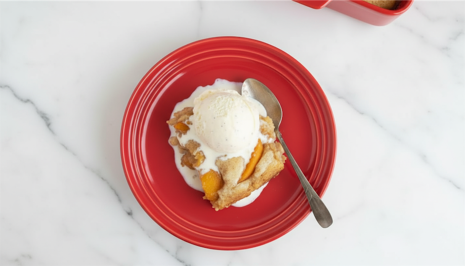 peach cobbler on red plate with icecream