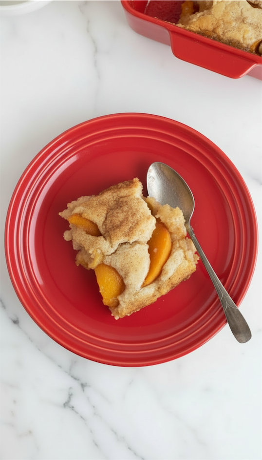 3-Ingredient Peach Cobbler served on red plate