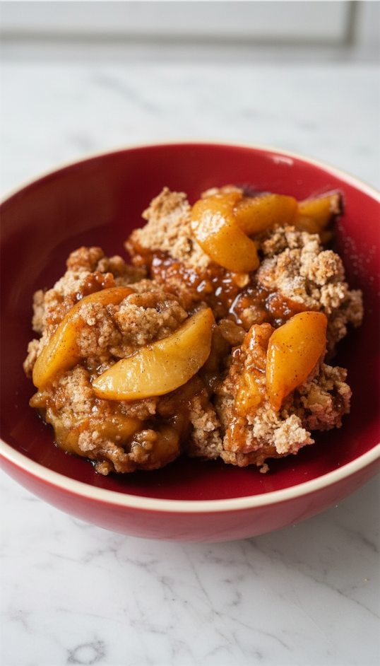 Peach Cobbler With Oatmeal Topping served in red bowl