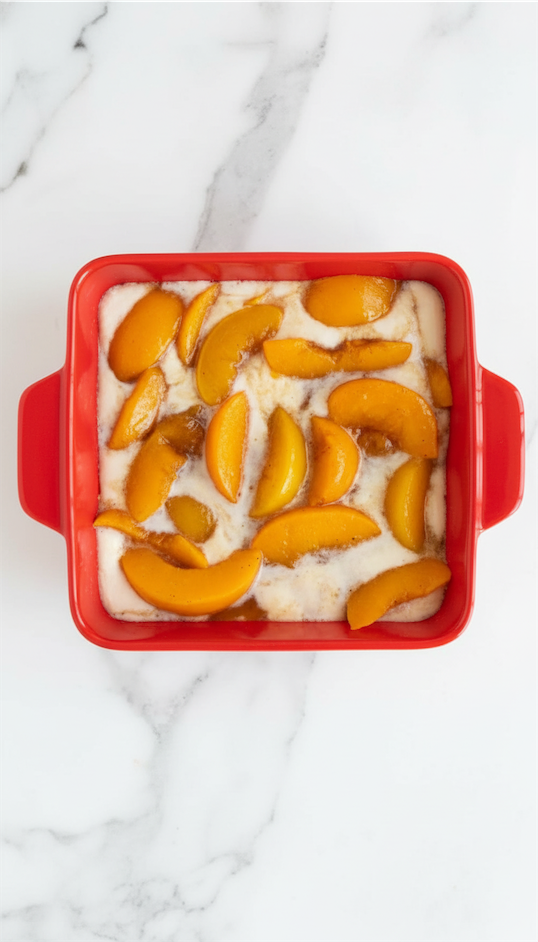 peaches with cake mix on top