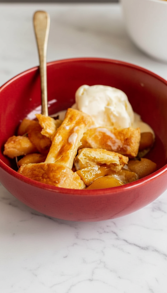Pie Crust Peach Cobbler in red bowl with ice cream