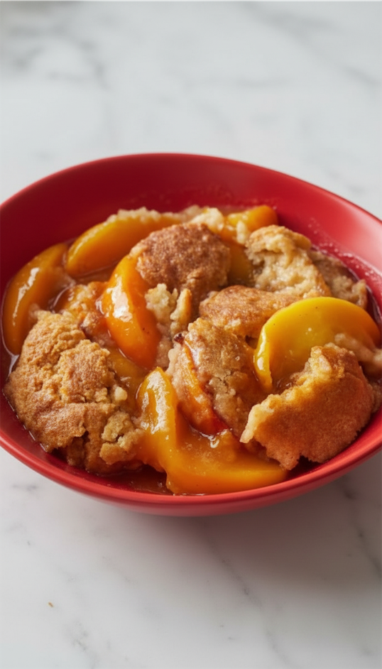 Southern Peach Cobbler served in red bowl