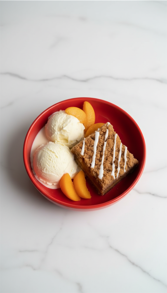Peach Cobbler Bars with ice cream and canned peach slices