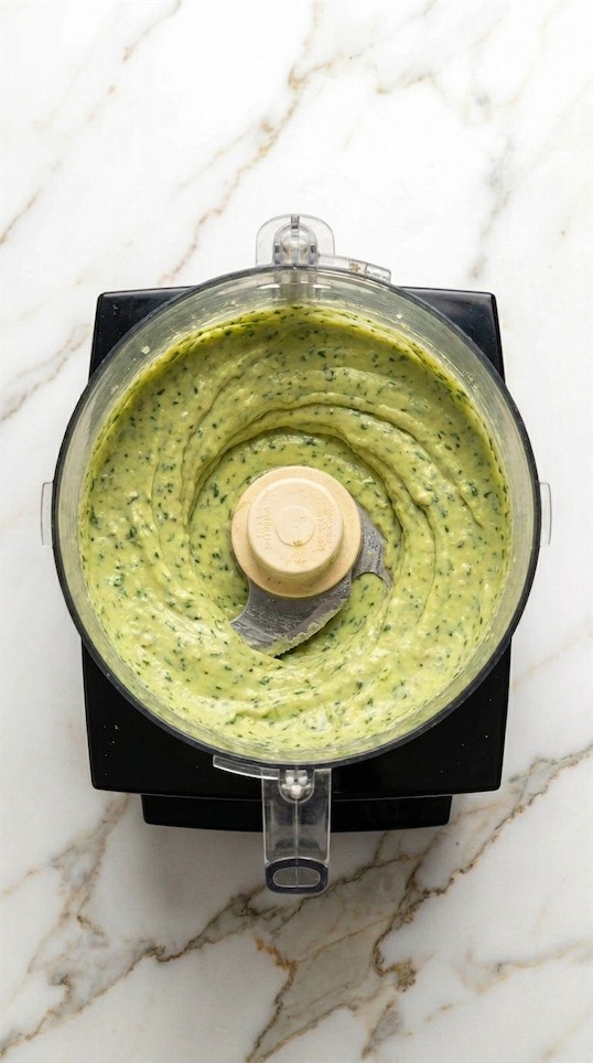 avocado dip mixed in a food processor 