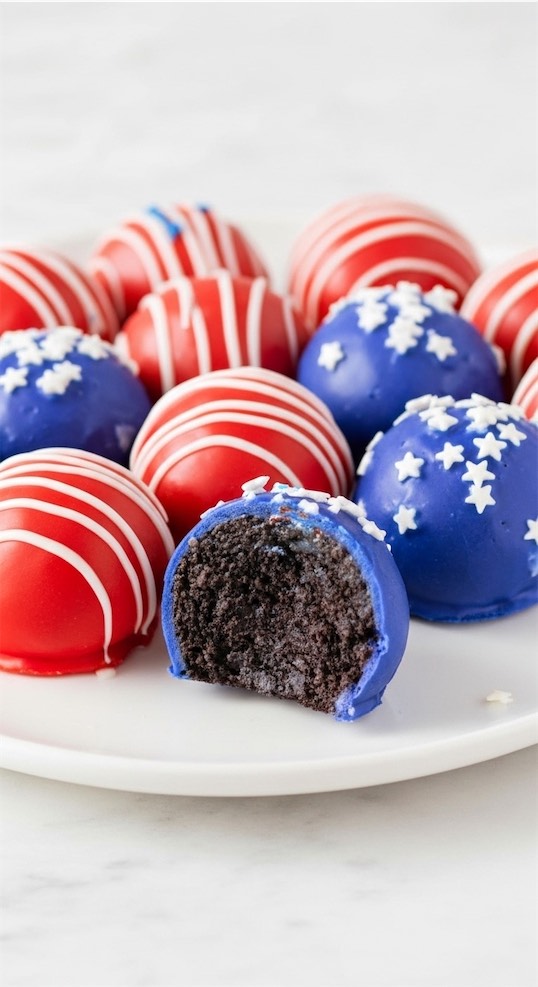 patriotic oreo balls on white plate
