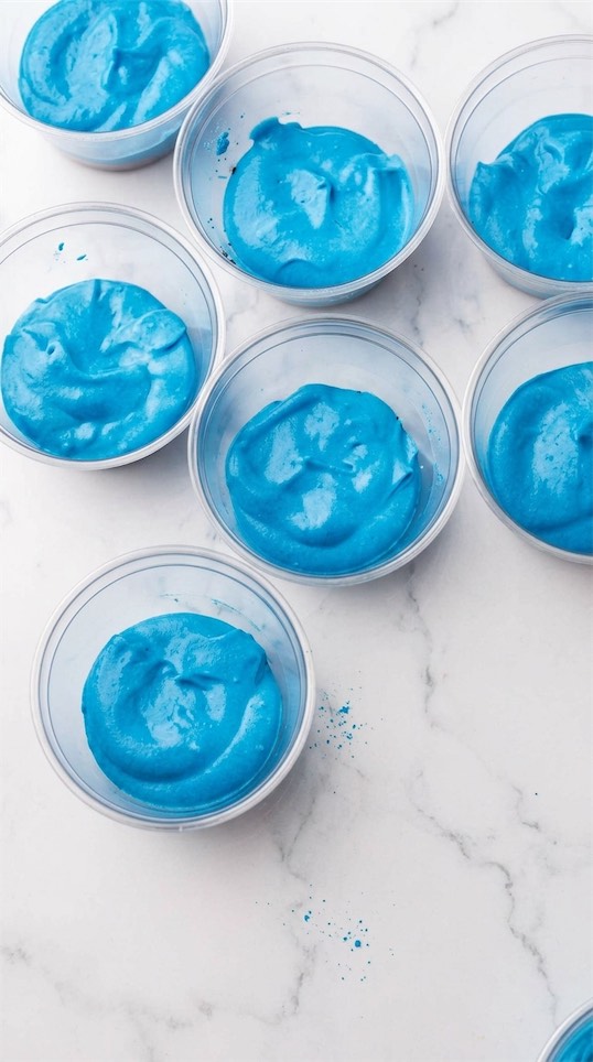 blue piudding mix in plastic cups