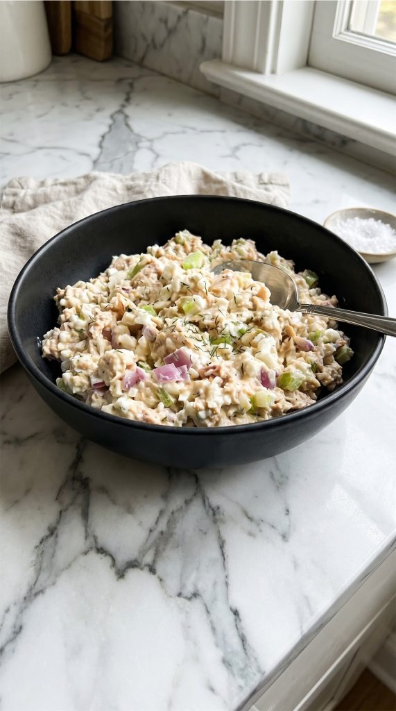 Cottage Cheese Tuna Salad in black bowl