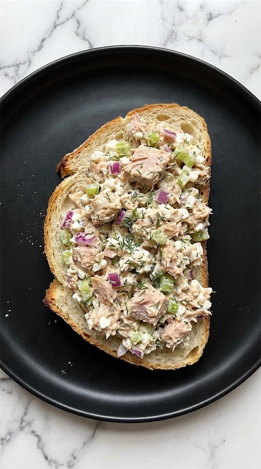 Cottage Cheese Tuna Salad on black plate